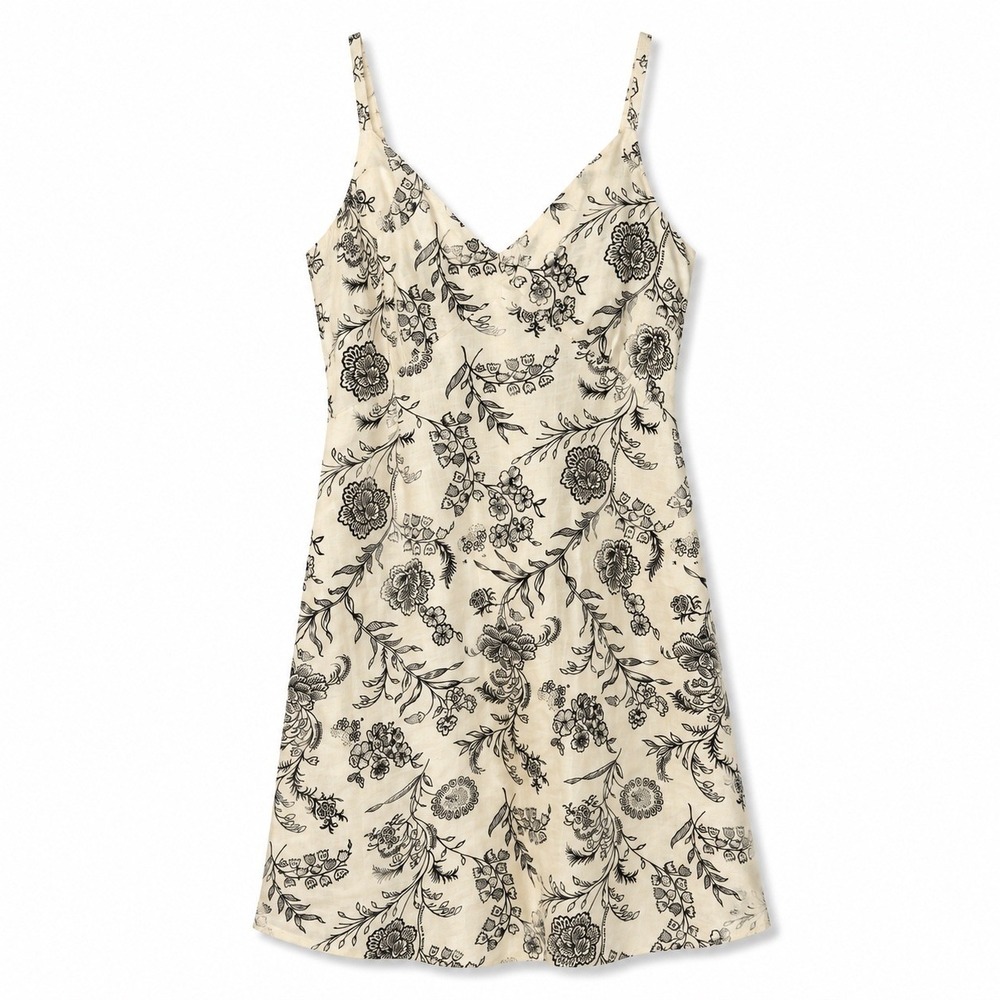 Tommy Hilfiger Womens 8 Cream Black Floral Cotton Sheath Dress Sleeveless Preppy